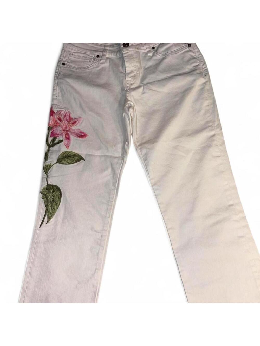 Tommy Bahama Ella Twill Boyfriend Embroidered White Jeans Pink Floral - Size 10